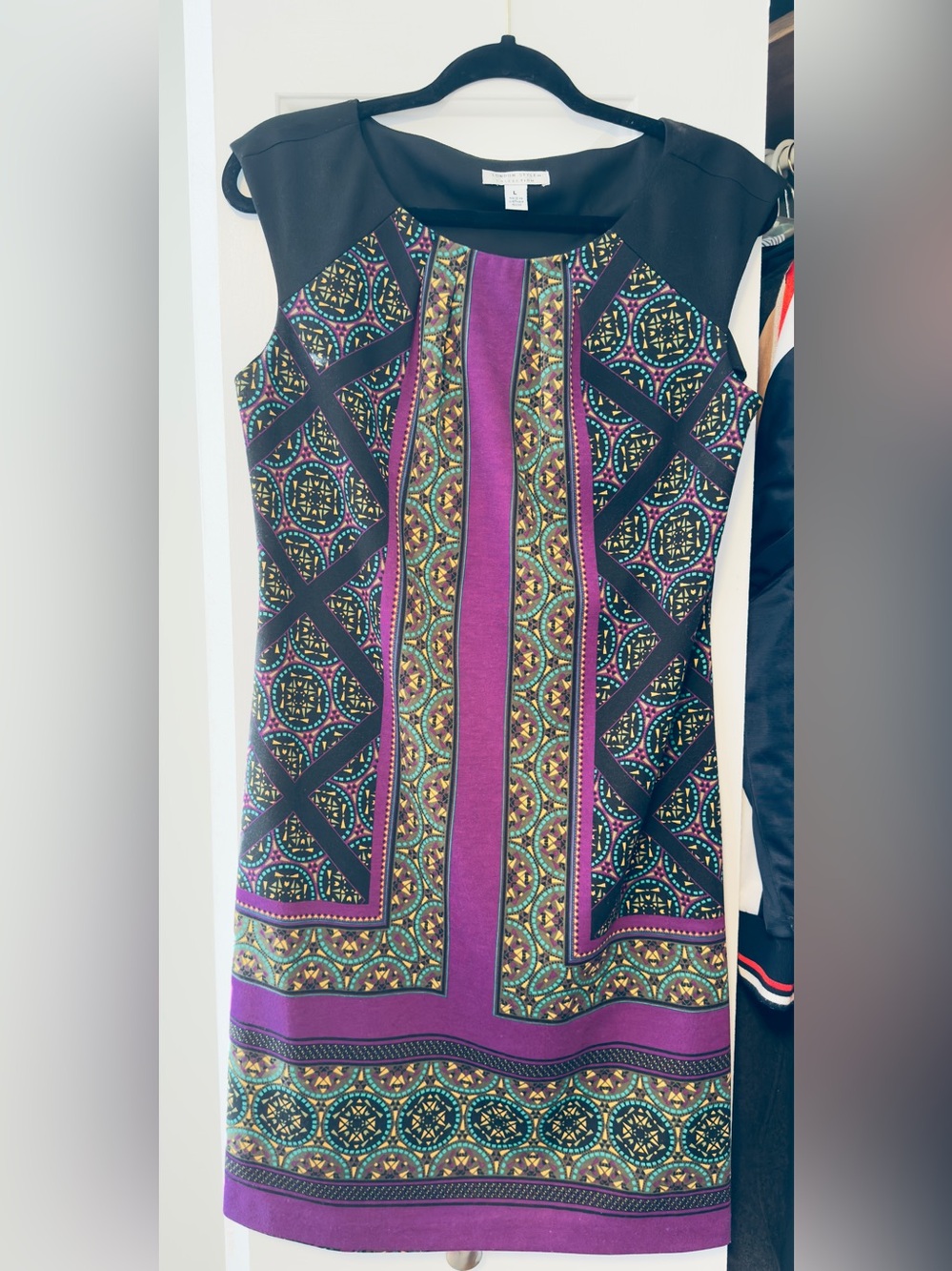 LONDON STYLE COLLECTION Black,Purple&Teal Patterned Sheath Dress|Style L|Worn 1x